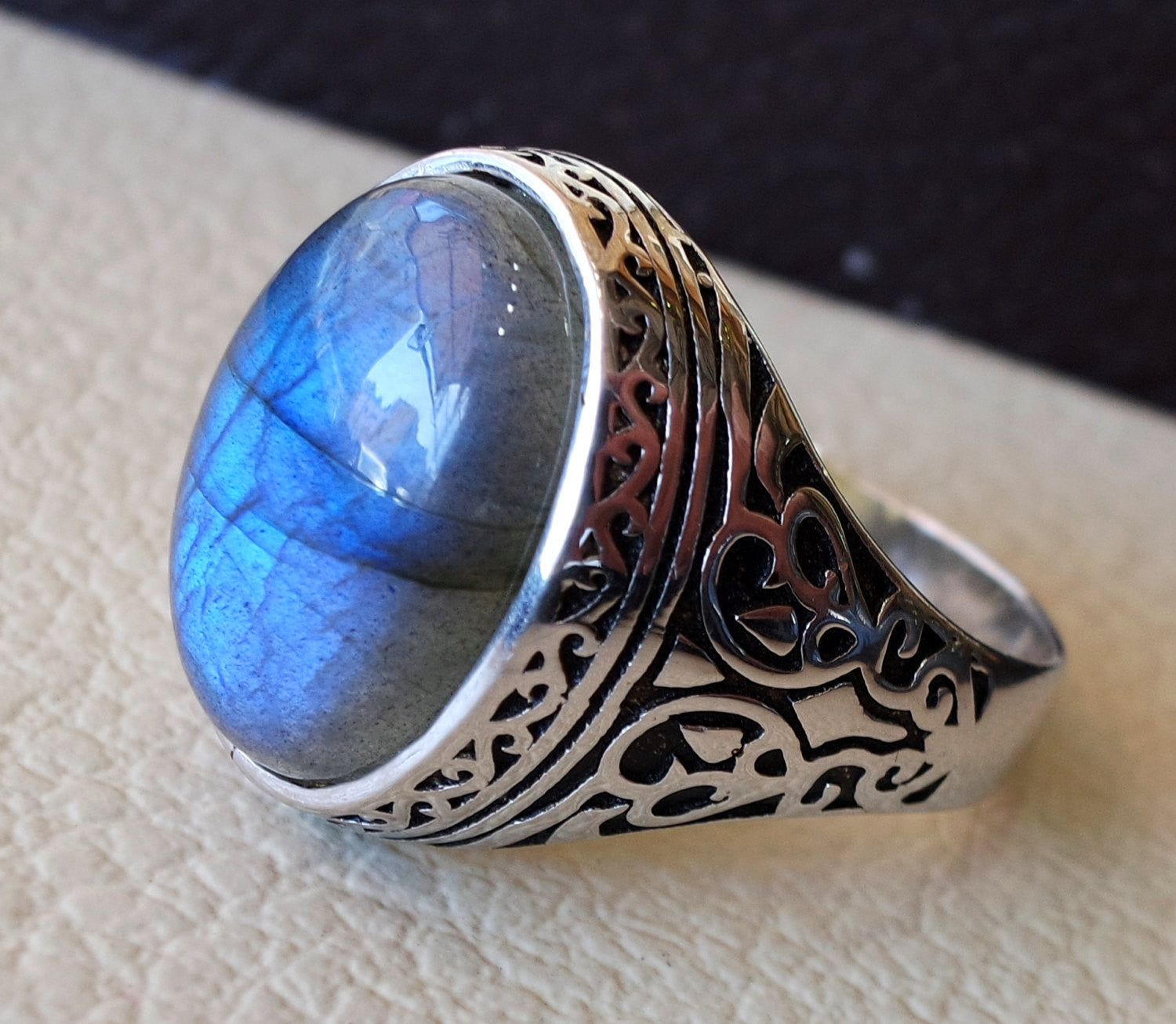 flashy blue labradorite men ring sterling silver 925  natural stone all sizes jewelry fast shipping ottoman middle eastern style