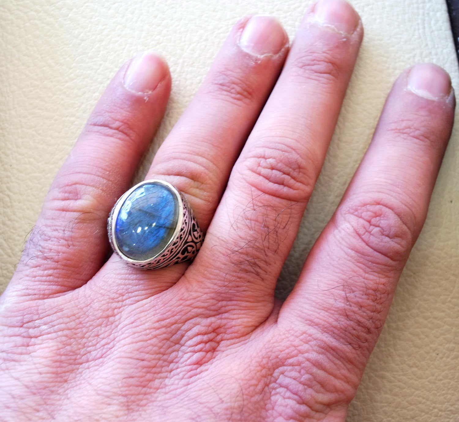 Men's Sterling Silver Ring With Natural Labradorite Gemstone - Handmade Statement Jewelry (18–25 Mm)