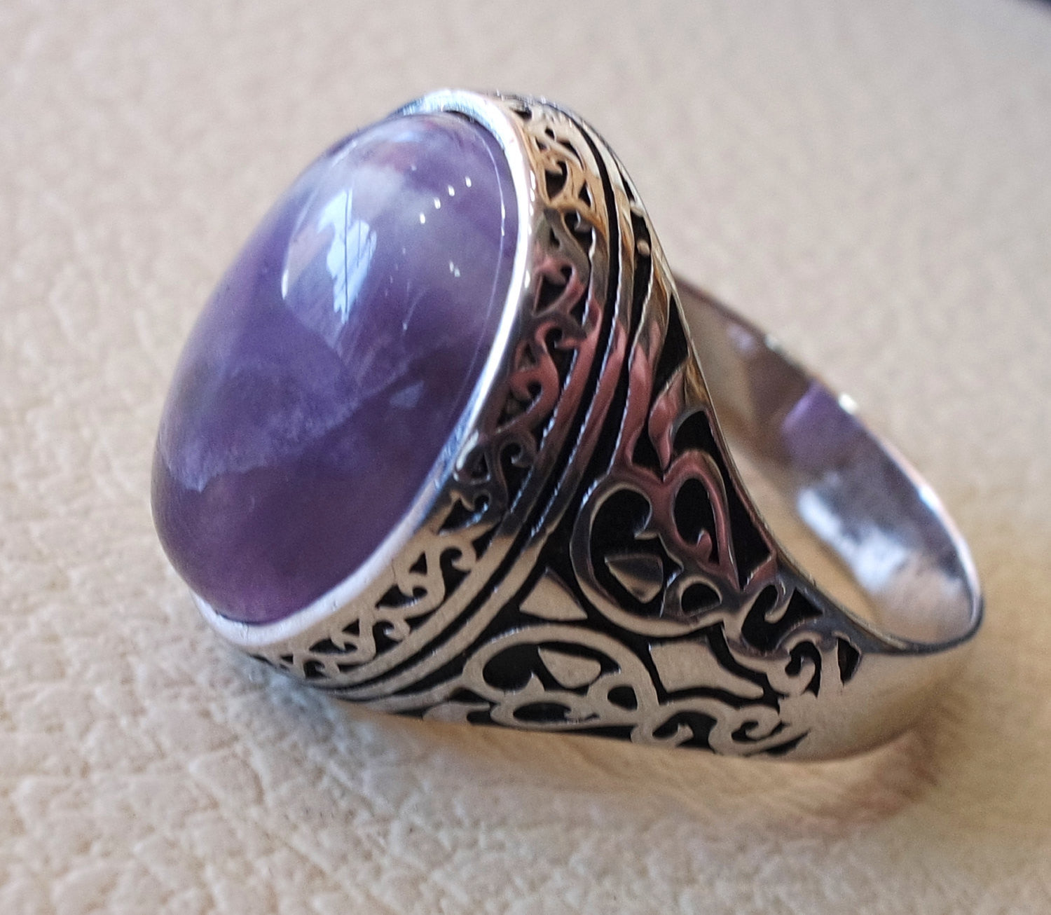 amethyst agate natural purple stone sterling silver 925 man ring vintage arabic turkish ottoman style jewelry oval  gem all sizes express