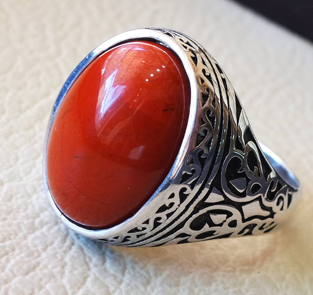 pure red jasper man ring stone natural aqeeq gem sterling silver 925 ring oval semi precious cabochon jewelry fast shipping all sizes