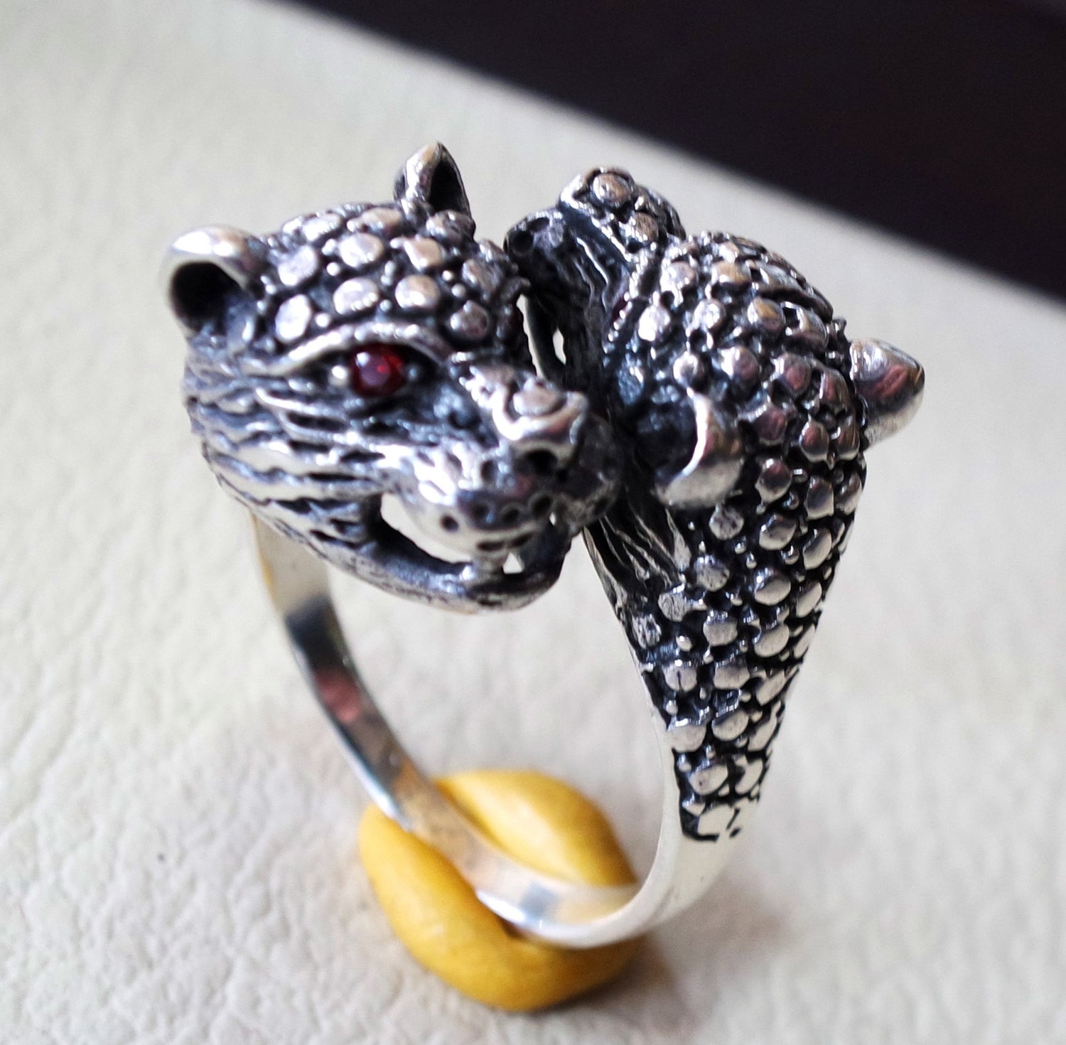 Two headed tiger panther heavy sterling silver 925 man biker ring