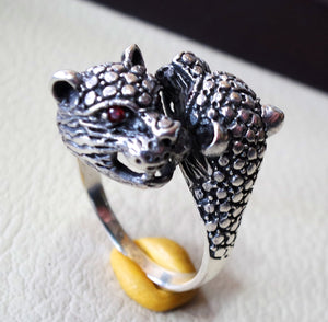 Two headed tiger panther heavy sterling silver 925 man biker ring all sizes handmade animal jewelry free red ruby eyes craftsmanship