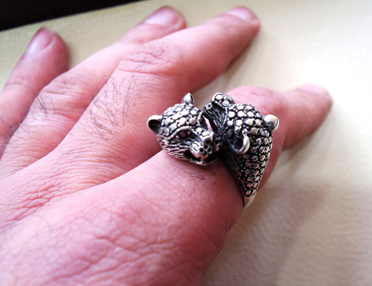 Two headed tiger panther heavy sterling silver 925 man biker ring all sizes handmade animal jewelry free red ruby eyes craftsmanship