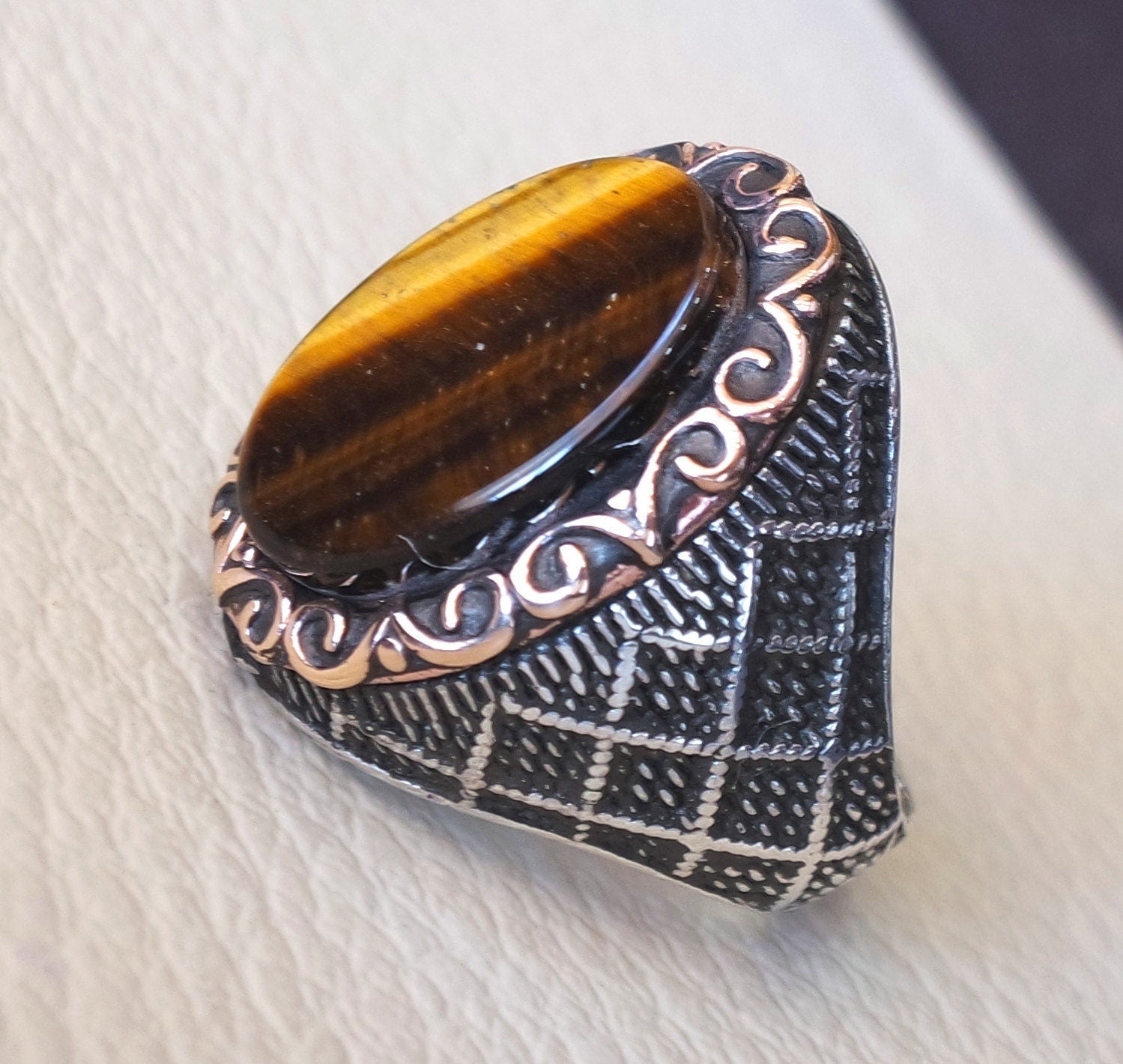 tiger eye semi precious natural flat stone men ring sterling silver 925 and bronze jewelry handmade arabic turkey ottoman style any size