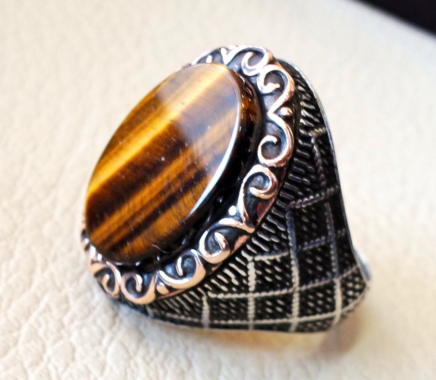 tiger eye semi precious natural flat stone men ring sterling silver 925 and bronze jewelry handmade arabic turkey ottoman style any size