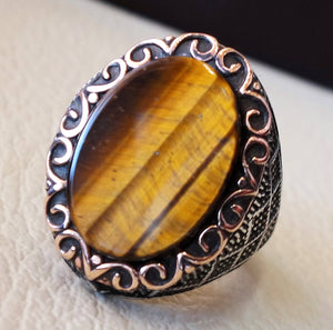 tiger eye semi precious natural flat stone men ring sterling silver 925 and bronze jewelry handmade arabic turkey ottoman style any size