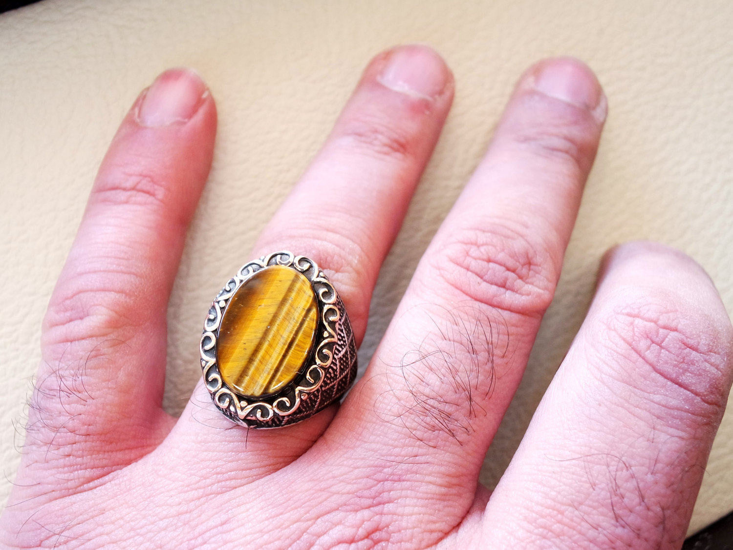 tiger eye semi precious natural flat stone men ring sterling silver 925 and bronze jewelry handmade arabic turkey ottoman style any size