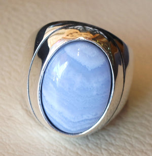 blue lace agate natural stone silver 925 huge men ring vintage arabic turkish ottoman antique style man jewelry oval cabochon all sizes