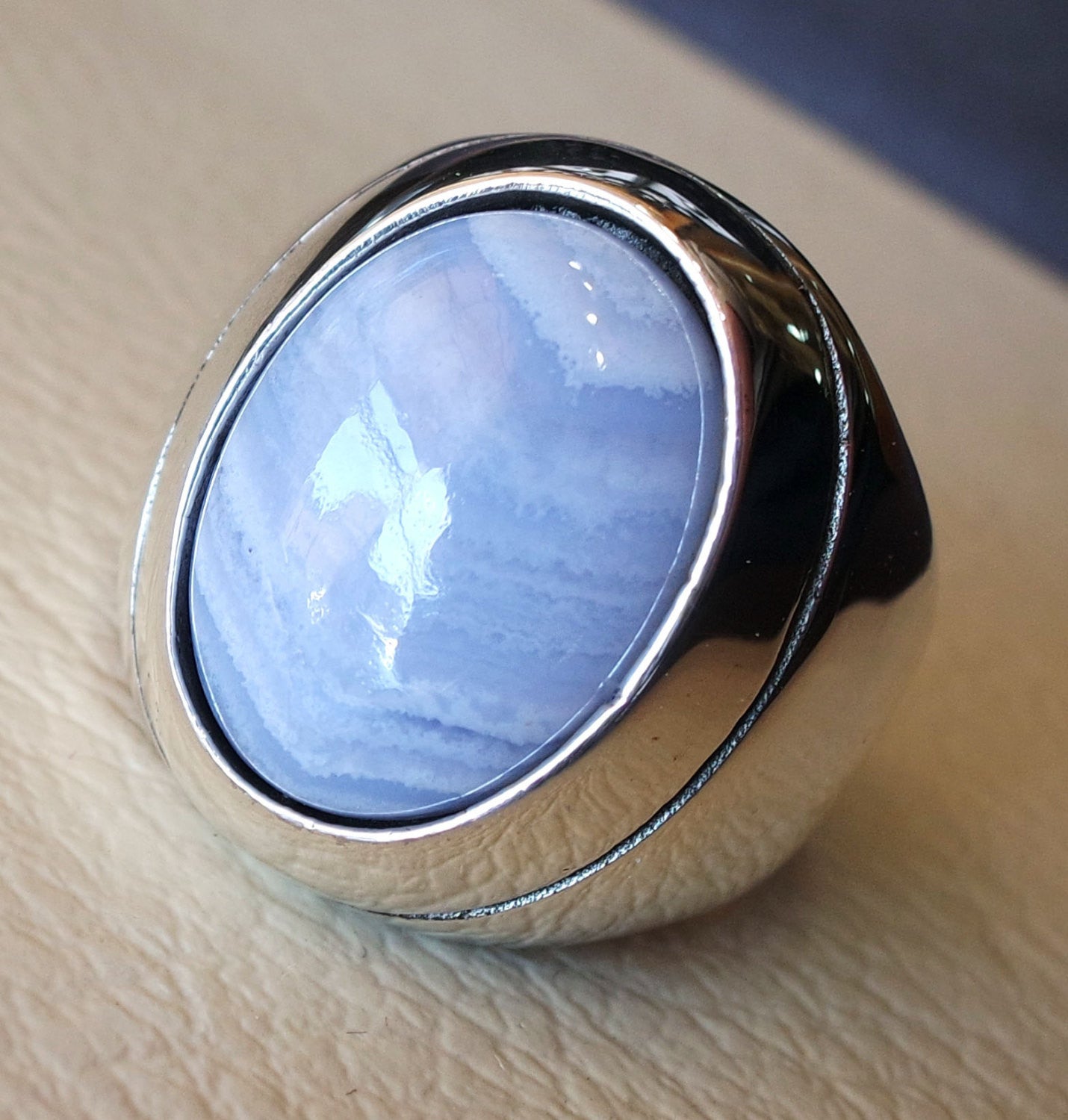 blue lace agate natural stone silver 925 huge men ring vintage arabic turkish ottoman antique style man jewelry oval cabochon all sizes