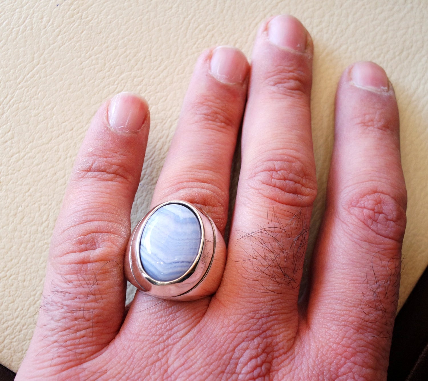 blue lace agate natural stone silver 925 huge men ring vintage arabic turkish ottoman antique style man jewelry oval cabochon all sizes