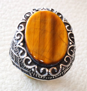 tiger eye semi precious natural flat stone men ring sterling silver 925 heavy  jewelry handmade arabic turkey ottoman style any size