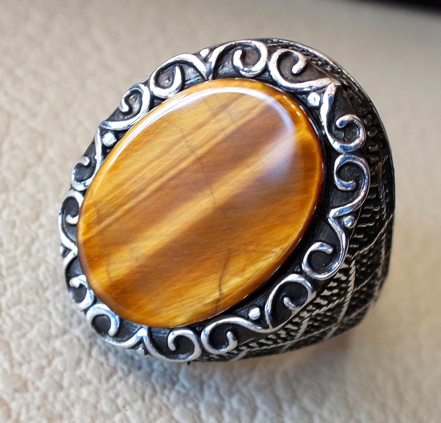 tiger eye semi precious natural flat stone men ring sterling silver 925 heavy  jewelry handmade arabic turkey ottoman style any size