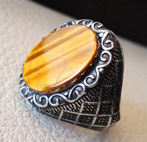 tiger eye semi precious natural flat stone men ring sterling silver 925 heavy  jewelry handmade arabic turkey ottoman style any size