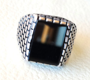 men's ring black natural rectangular flat onyx black agate aqeeq sterling silver 925 all size brick  building style fast shipping