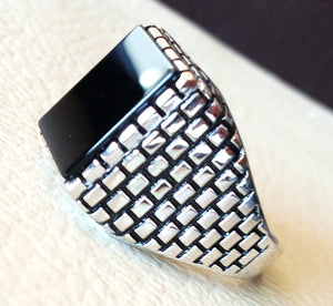 men's ring black natural rectangular flat onyx black agate aqeeq sterling silver 925 all size brick  building style fast shipping