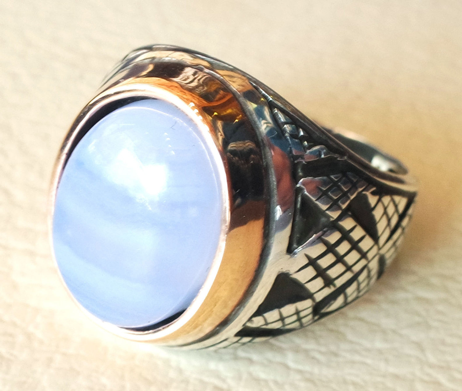 blue lace agate natural stone silver 925 huge men ring arabic turkish ottoman antique style man jewelry oval cabochon bronze frame all sizes
