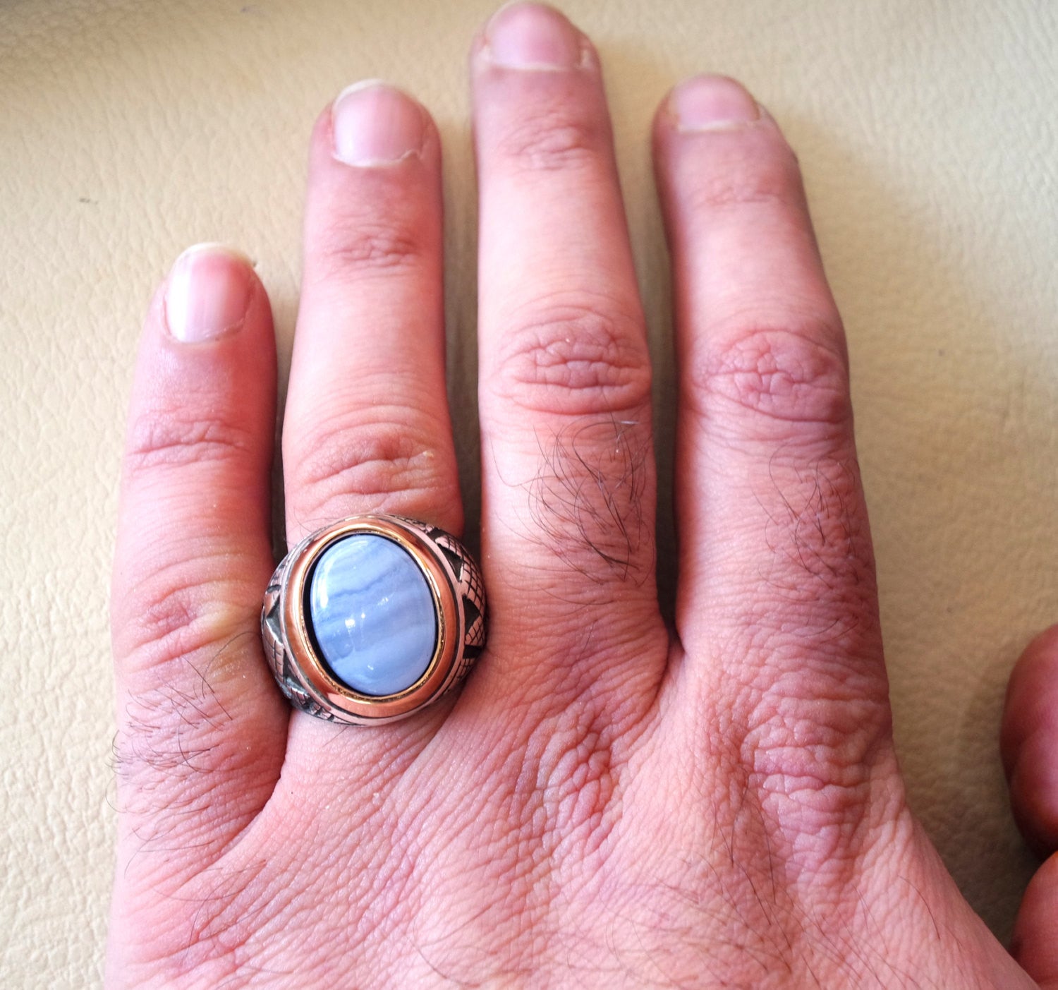 blue lace agate natural stone silver 925 huge men ring arabic turkish ottoman antique style man jewelry oval cabochon bronze frame all sizes