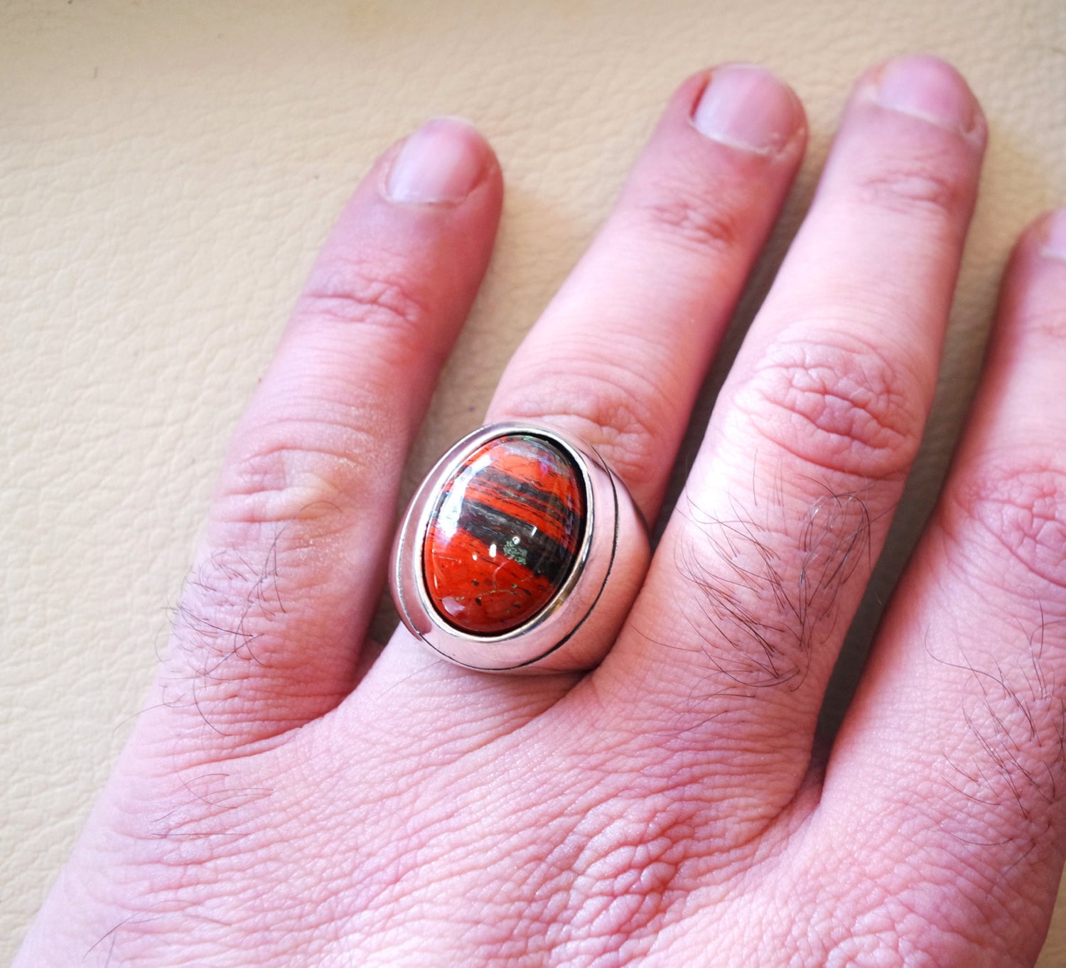 snake skin jasper stone natural gem sterling silver 925 heavy ring red and black oval semi precious cabochon man ring jewelry all sizes