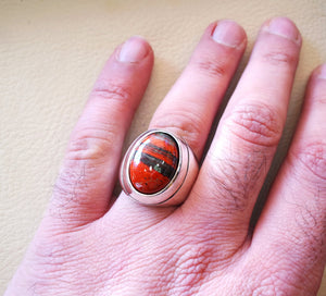 snake skin jasper stone natural gem sterling silver 925 heavy ring red and black oval semi precious cabochon man ring jewelry all sizes