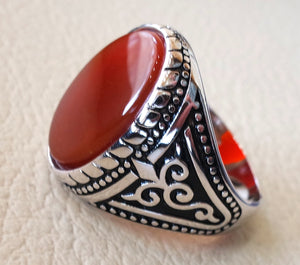 aqeeq natural flat agate carnelian semi precious stone oval red cabochon gem man ring sterling silver 925 arabic middle eastern turkey style