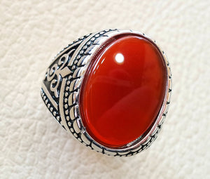 aqeeq natural flat agate carnelian semi precious stone oval red cabochon gem man ring sterling silver 925 arabic middle eastern turkey style