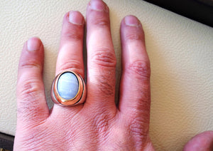 blue lace agate natural stone silver 925 huge men ring arabic turkish ottoman antique style man jewelry oval cabochon in bronze frame