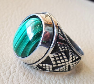 malachite natural green stone sterling silver 925 man ring jewelry eastern turkish arabic style oval semi precious cabochon striped gem