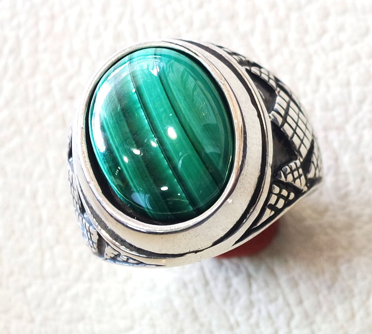 malachite natural green stone sterling silver 925 man ring jewelry eastern turkish arabic style oval semi precious cabochon striped gem