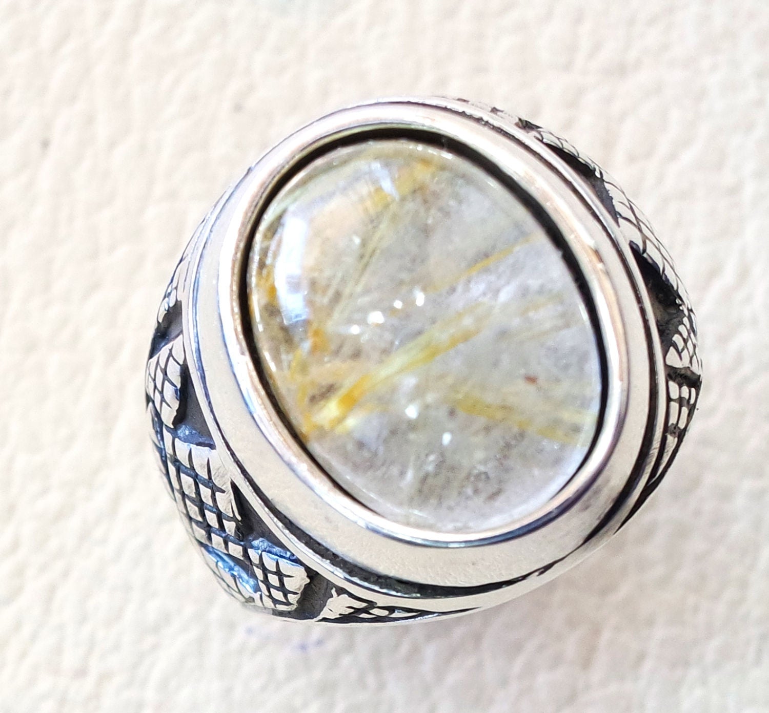 Rutile quartz natural stone semi preciousoval cabochon sterling silver 925 man ring ottoman turkey middle eastern antique style any size
