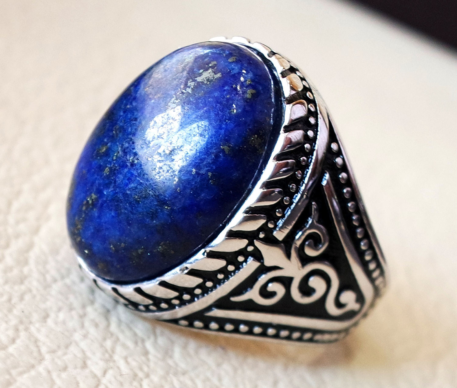 Mens Sapphire Curved Blue Stone Rings For Men Vintage Engraved Oxidized  Silver | eBay