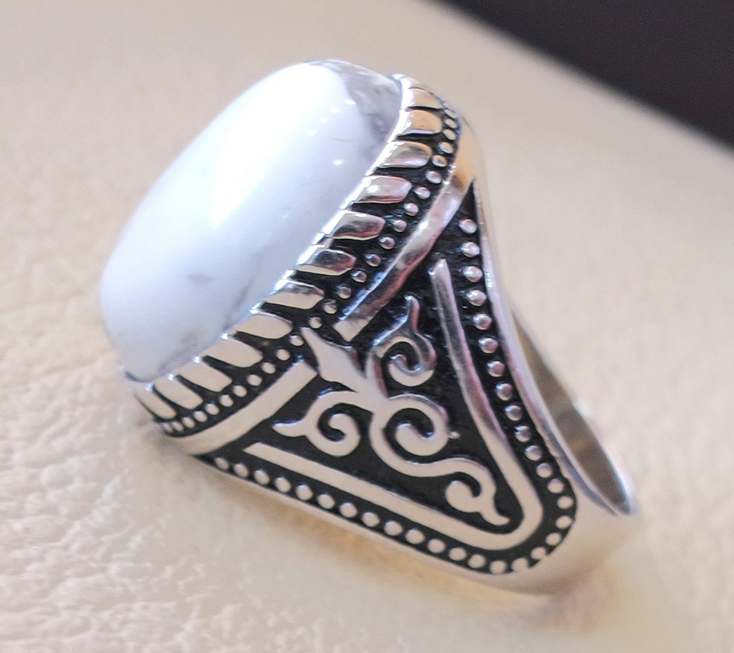 men ring white turquoise howalite  natural agate oval cabochon stone sterling silver 925 all sizes antique ottoman jewelry fast shipping