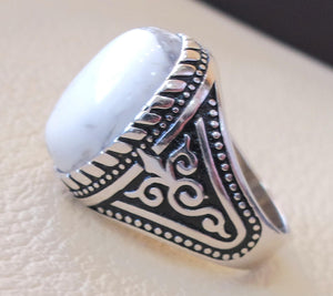 men ring white turquoise howalite  natural agate oval cabochon stone sterling silver 925 all sizes antique ottoman jewelry fast shipping