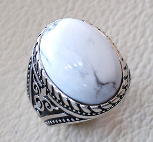 men ring white turquoise howalite  natural agate oval cabochon stone sterling silver 925 all sizes antique ottoman jewelry fast shipping