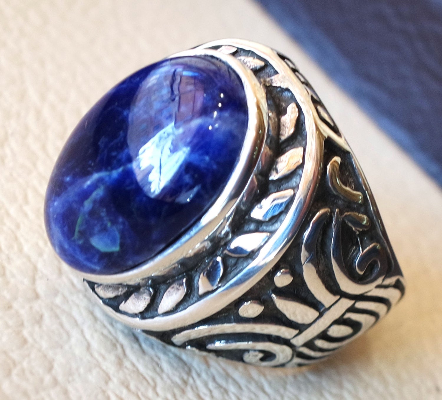 Sodalite huge natural stone dark royal blue men ring sterling silver 925 stunning genuine gem two ottoman arabic style jewelry all sizes