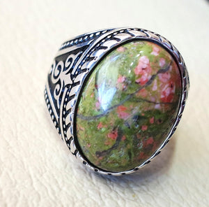 unakite men ring natural multi color stone oval cabochon sterling silver 925 high quality orange green pink semi precious jewelry