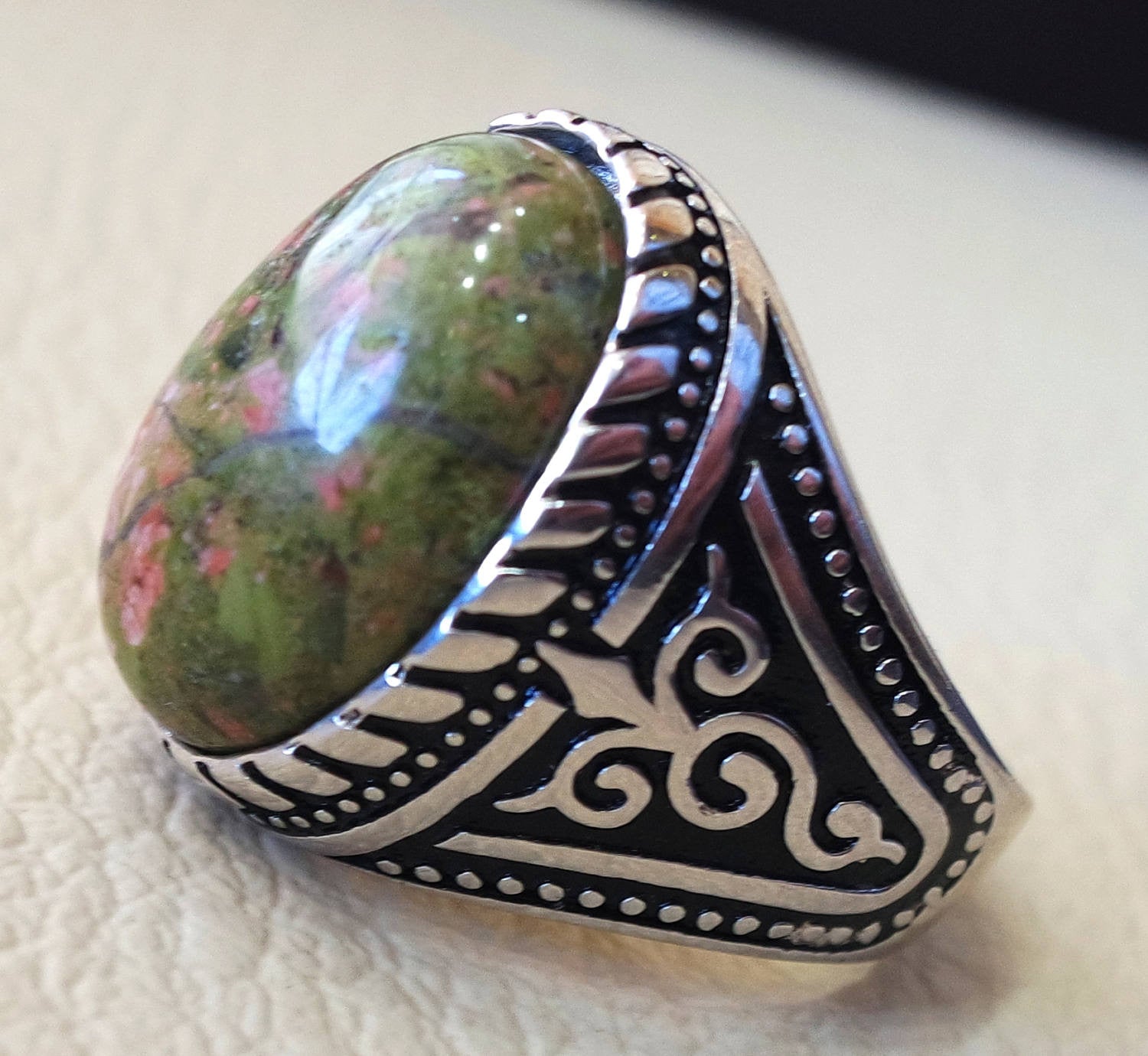 unakite men ring natural multi color stone oval cabochon sterling silver 925 high quality orange green pink semi precious jewelry