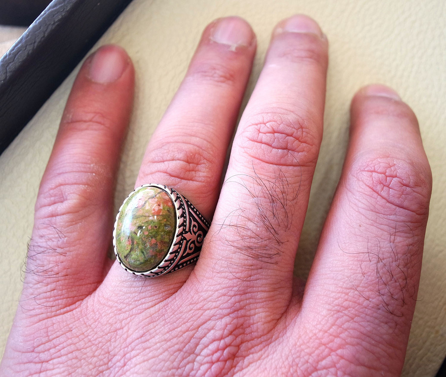 unakite men ring natural multi color stone oval cabochon sterling silver 925 high quality orange green pink semi precious jewelry