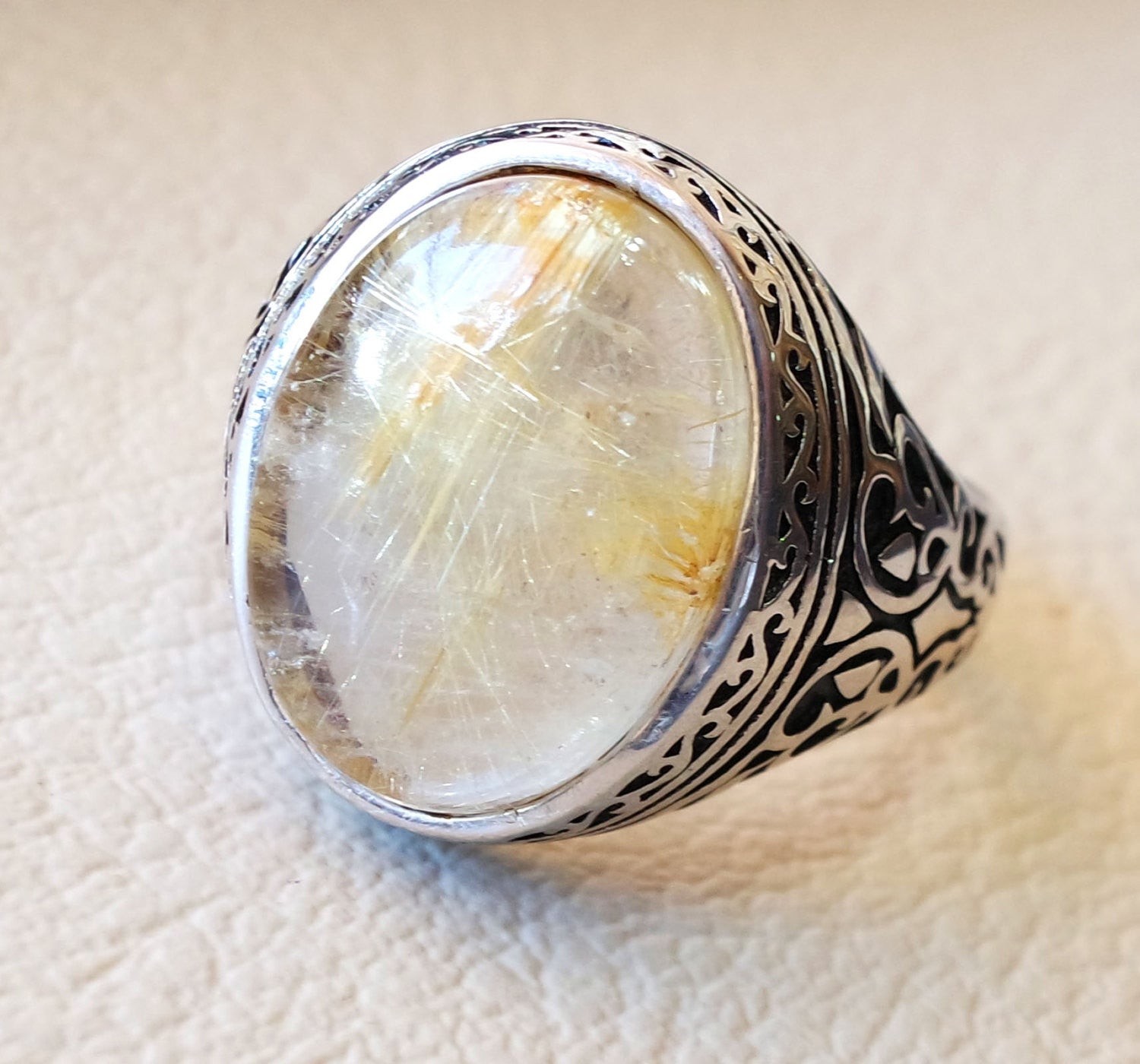 golden Rutile quartz natural stone semi precious cabochon sterling silver 925 man ring ottoman turkey middle eastern antique style any size