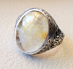 golden Rutile quartz natural stone semi precious cabochon sterling silver 925 man ring ottoman turkey middle eastern antique style any size