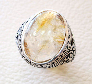 golden Rutile quartz natural stone semi precious cabochon sterling silver 925 man ring ottoman turkey middle eastern antique style any size