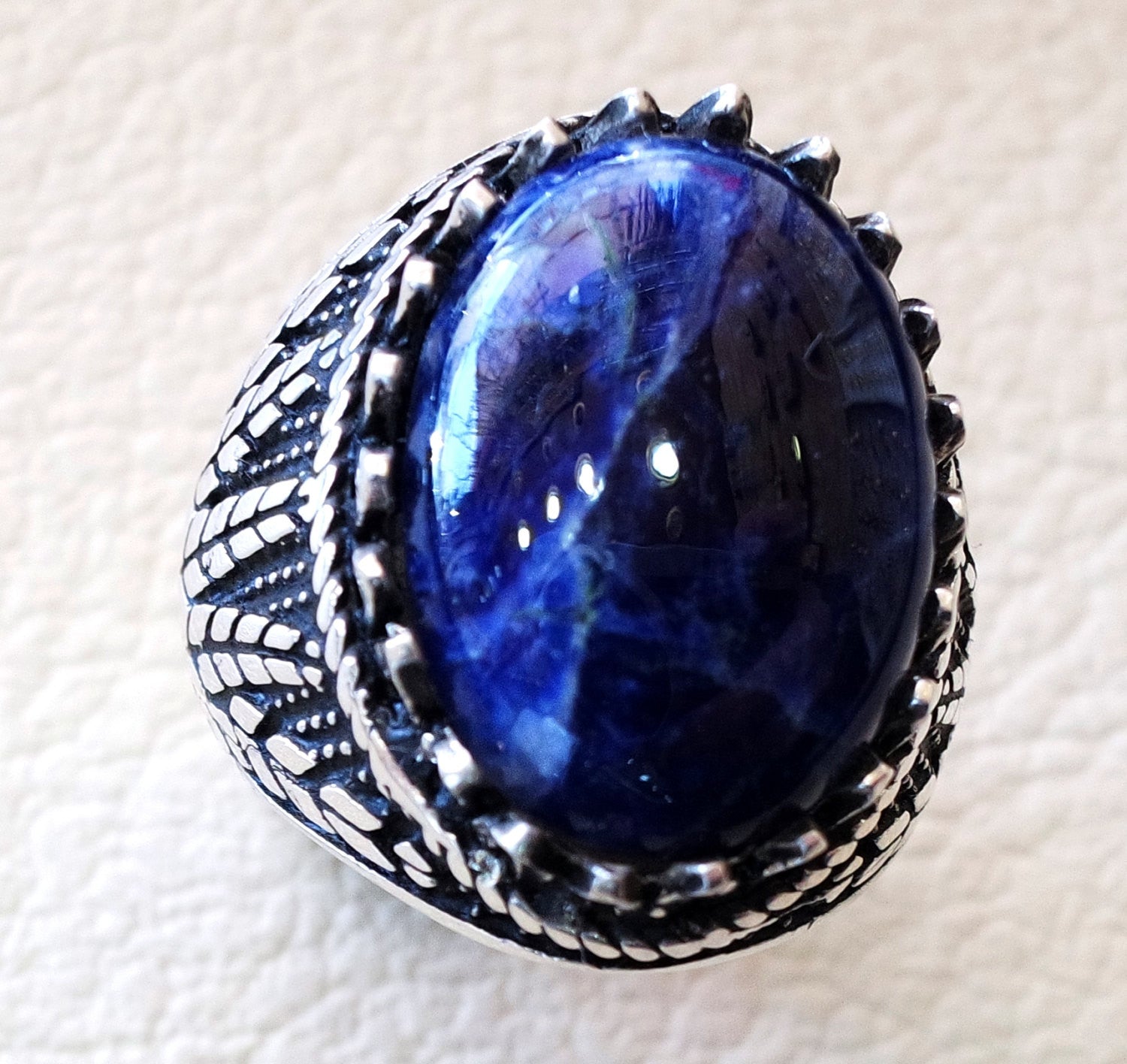 Sodalite natural stone dark royal blue men wheat ring sterling silver 925 stunning genuine gem two ottoman arabic style jewelry all sizes