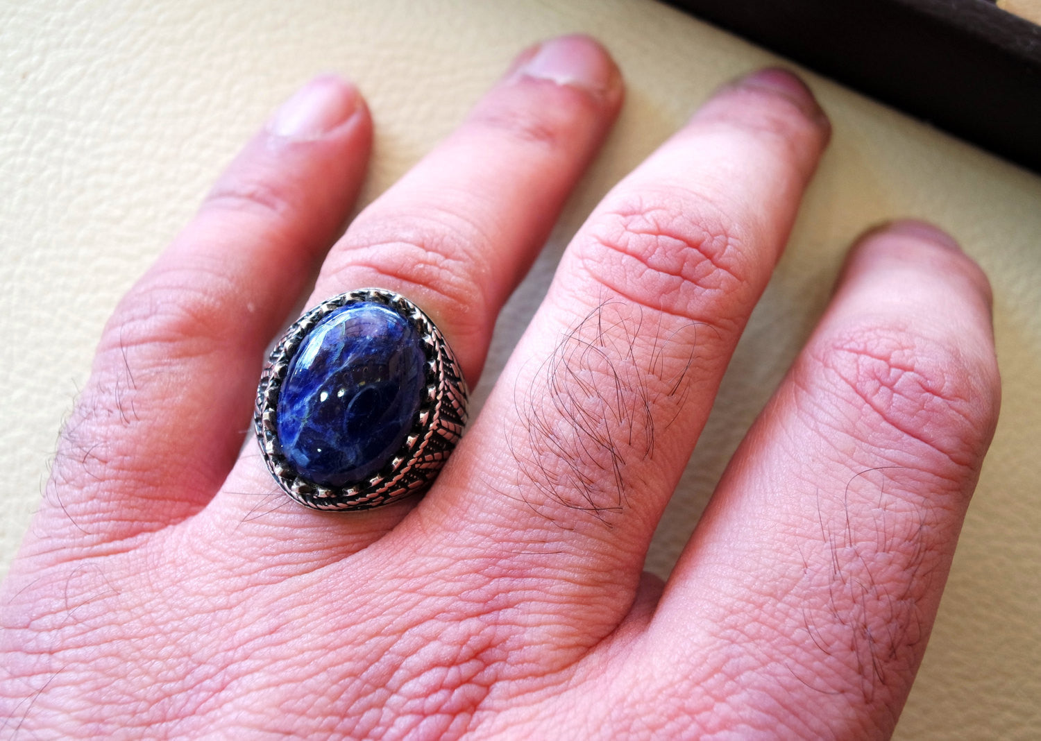 Sodalite natural stone dark royal blue men wheat ring sterling silver 925 stunning genuine gem two ottoman arabic style jewelry all sizes