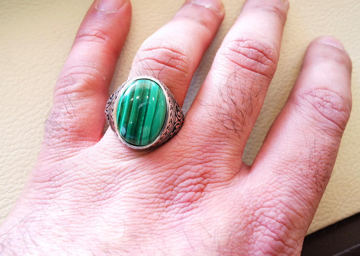 malachite big oval natural semi precious stone sterling silver man ring all sizes jewelry green cabochon antique middle eastern style