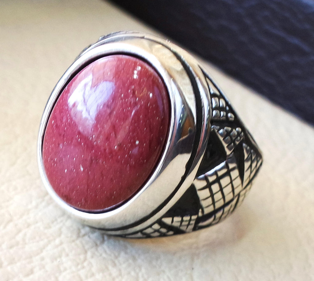 red rose mookaite jasper aqeeq natural stone sterling silver 925 heavy men ring vintage arabic ottoman style all sizes fast shipping