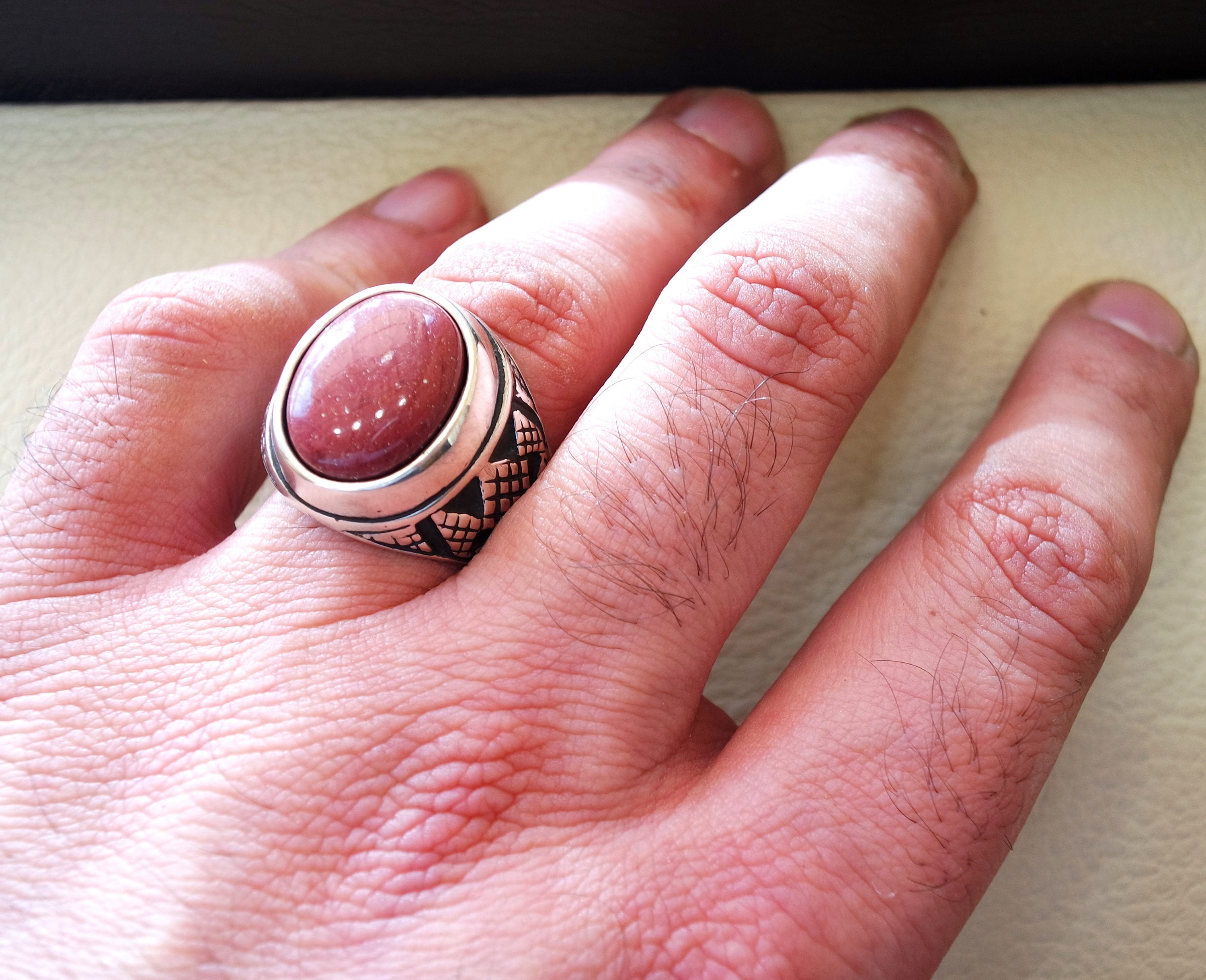 red rose mookaite jasper aqeeq natural stone sterling silver 925 heavy men ring vintage arabic ottoman style all sizes fast shipping