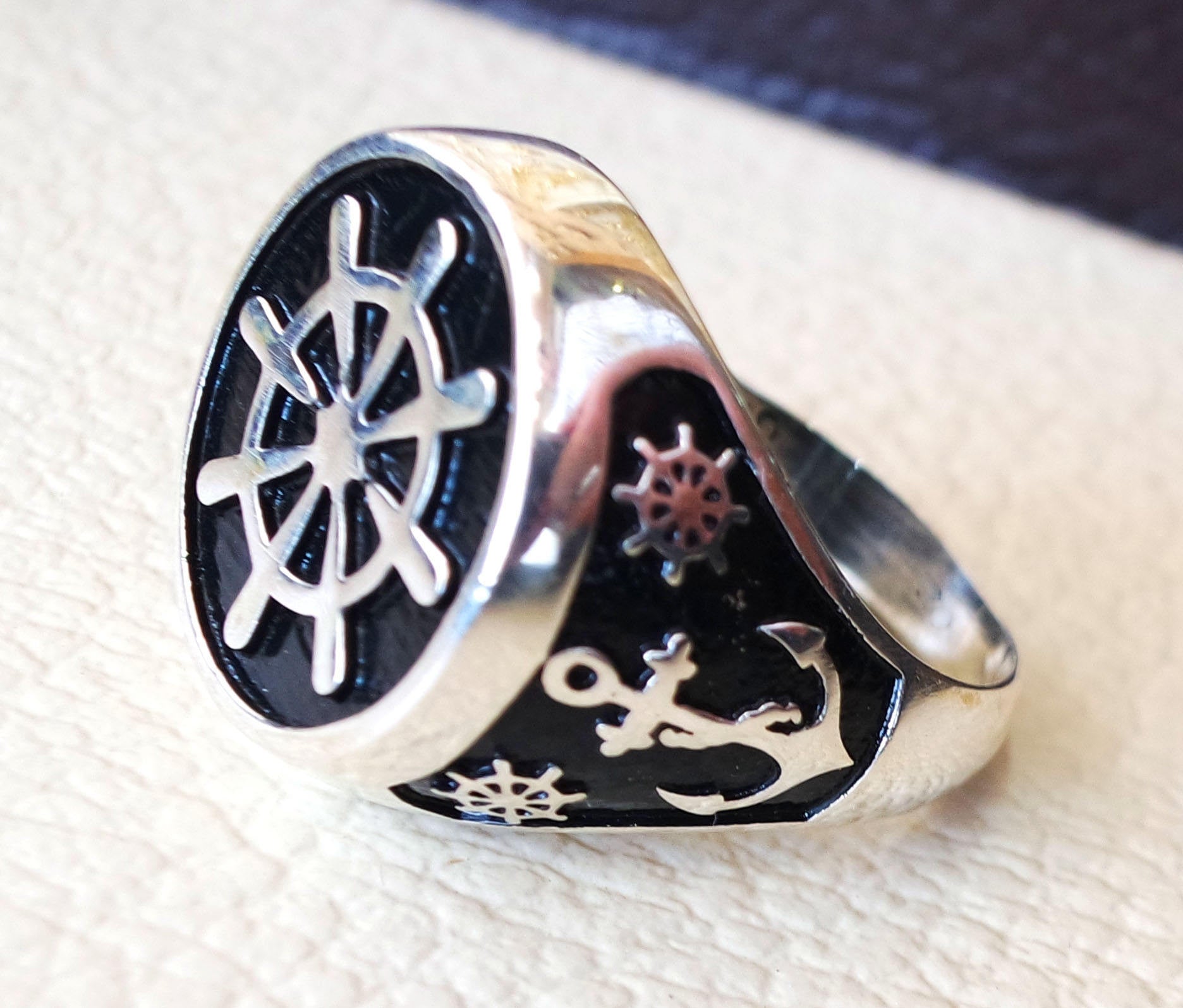 Ship wheel and anchor sailor fisherman  men ring heavy sterling silver 925 sea drahma symbol handmade all sizes jewelry fast shipping