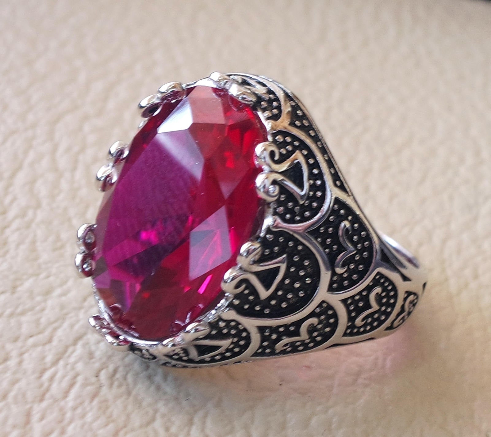 corundum red ruby identical synthetic stone high quality imitation  color huge heavy men ring sterling silver 925 any size ottoman jewelry