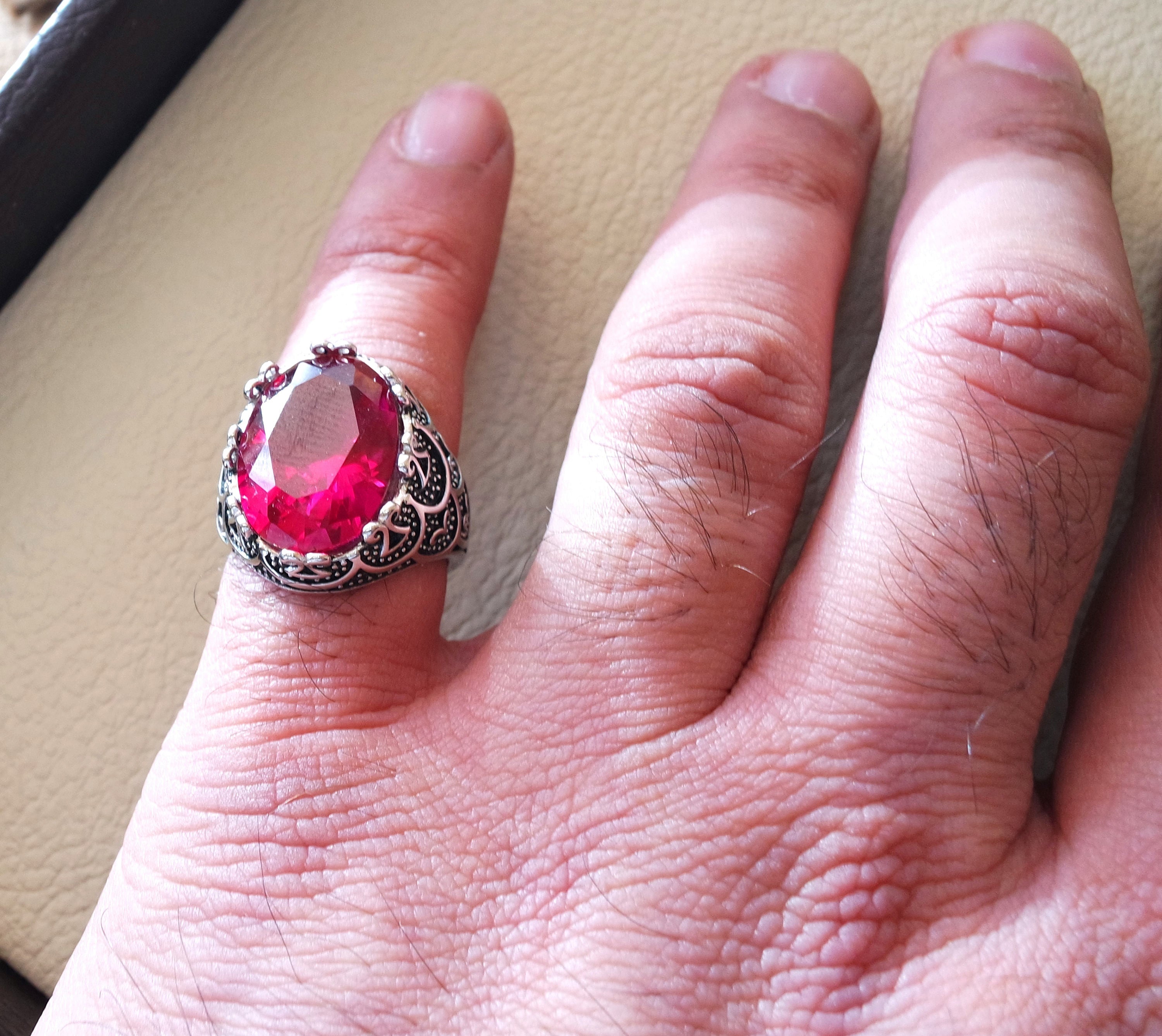 corundum red ruby identical synthetic stone high quality imitation  color huge heavy men ring sterling silver 925 any size ottoman jewelry
