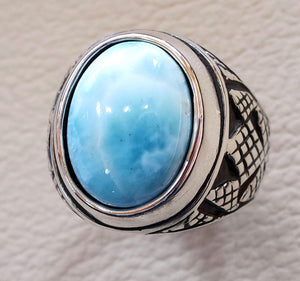 Dominican larimar blue natural stone ring sterling silver 925 men jewelry all sizes semi precious gem highest quality middle eastern style