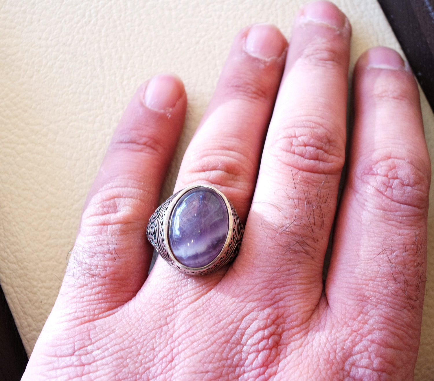 amethyst agate natural purple stone sterling silver 925 man ring vintage arabic turkish ottoman style jewelry oval  gem all sizes express